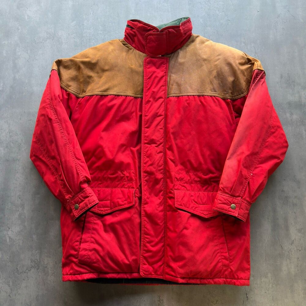 Vintage MARC Down Parka Jacket Red Leather Yoke Hooded Plaid Lined Large